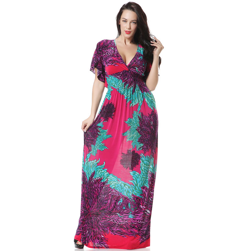 Plus Size XXXL 4XL 5XL 6XL Bohemian Summer Women V-Neck Print Floral Ice Silk Beach Dresses Long Maxi Dresses Big Size M-6XL-image-399265298