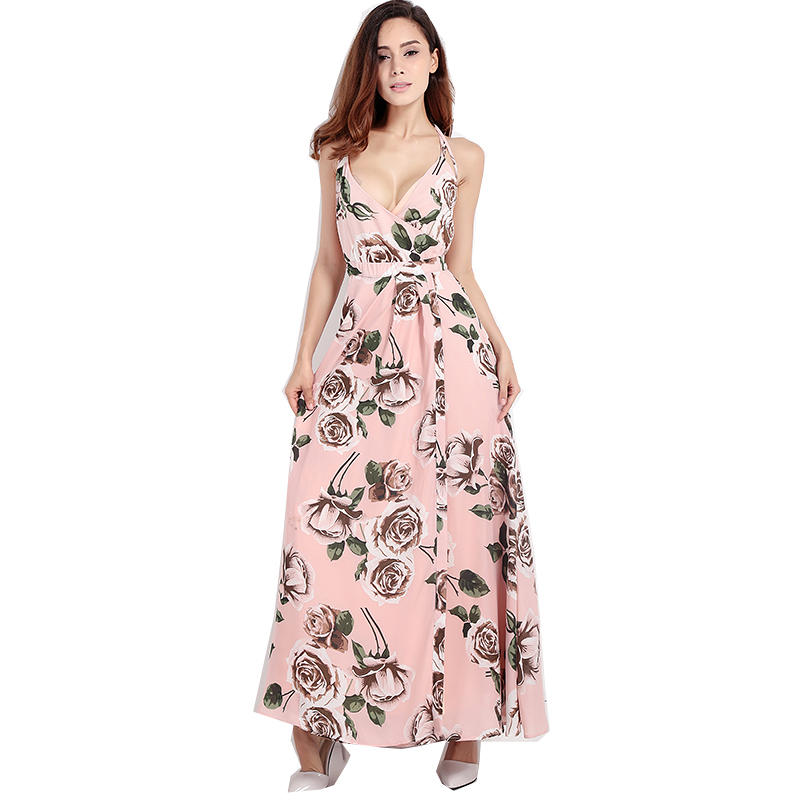 

Summer Floral Printed Women Dress Halter Sleeveless Cross Front Maxi Dress Fashion Sexy Party&Club Casual Dress, Black;gray