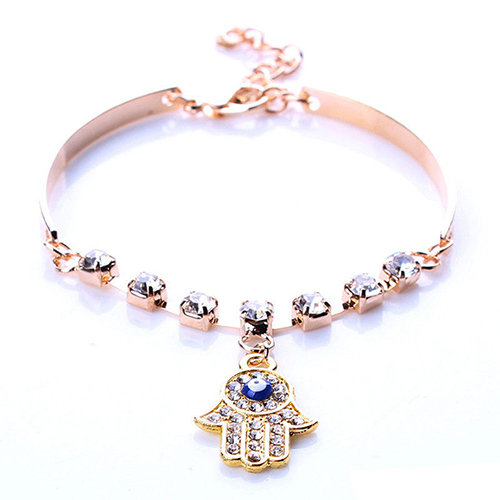 

Wholesale-Popular Women Hamsa Symbol Fatima Hand Pendant Rhinestone Gold Plated Bracelet Bangle Jewelry Gift 52J6