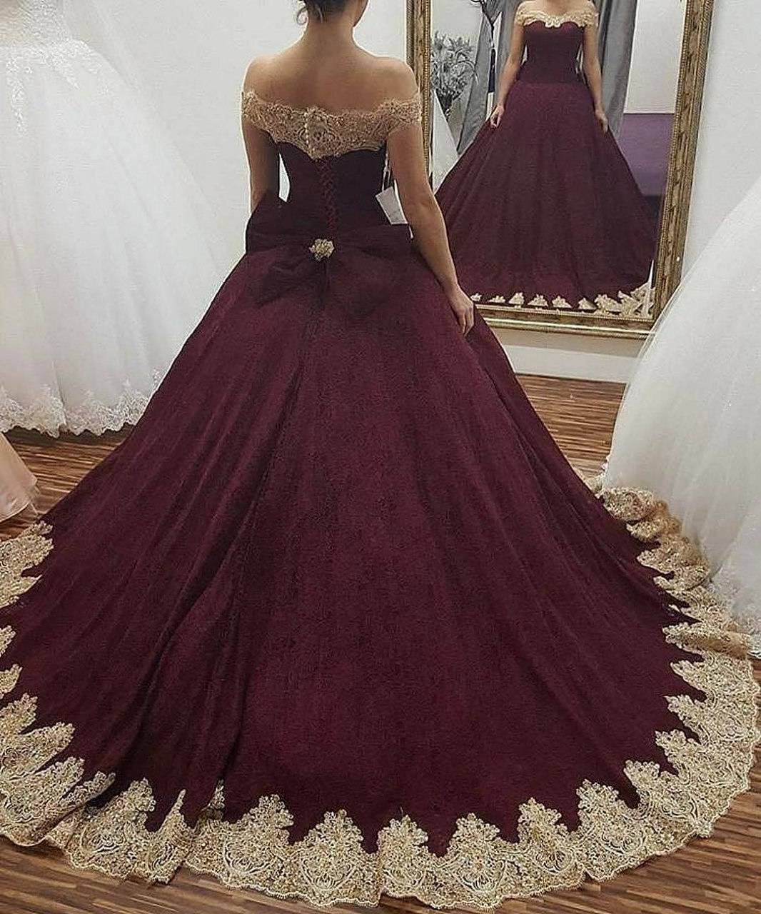 

Boat Neck Off the Shoulder Burgundy Wedding Dresses Ball Gown Gold Appliques Princess Wedding Gowns for Muslim Bride Dresses, Red