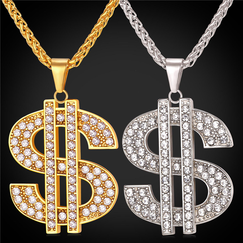 

New Hip-Hop Jewelry Big Rhinestone American Dollar Necklace & Pendant Trendy 18K Gold Plated Color Rope Chain For Men/Women