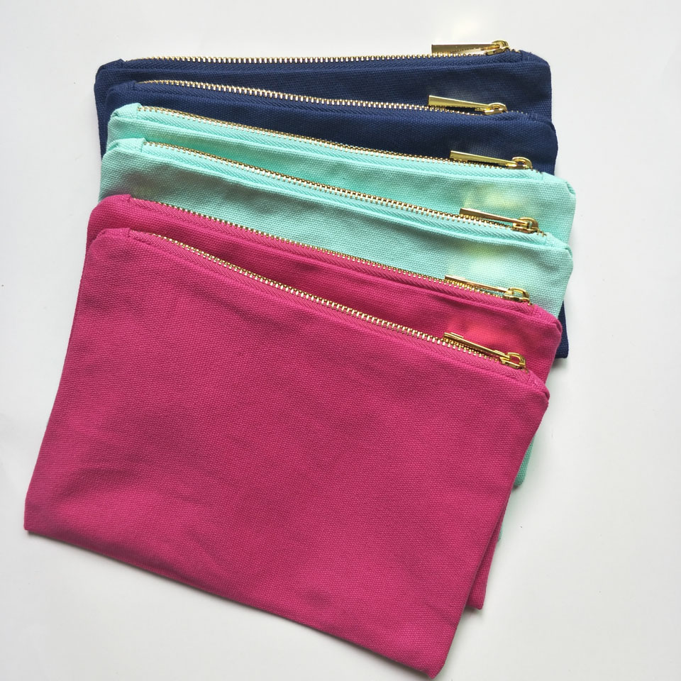 

12oz cotton canvas solid color makeup bag with gold zip gold lining 6*9in canvas cosmetic bag for DIY print hot pink/navy/mint free DHL ship