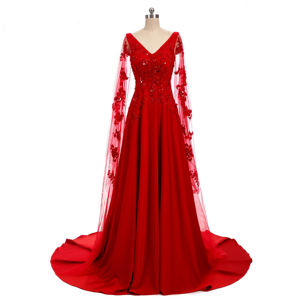 

Long Sleeves Red evening dress Appliques Lace New Design party dresses V-Neck Red dress real prom dresses vestido de festa, Same as image