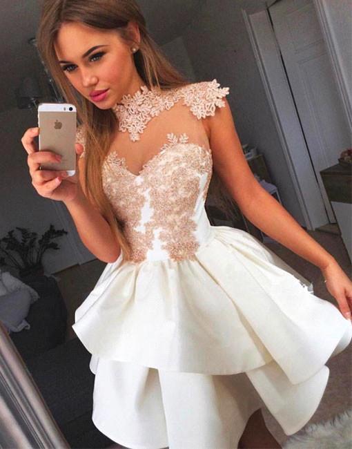 

2018 New High Neck Sweet Lace Appliques Short Homecoming Dresses Capped Sleeves Mini Short Cocktail Party Gowns BA7206, Blue