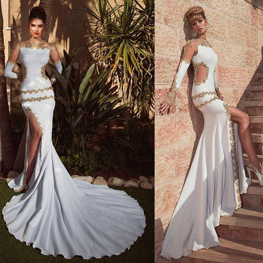 

Exquisite Tulle Acetate Satin Jewel Neckline Long Sleeves Mermaid Prom Dresses With Beaded Lace Appliques Slit Evening Party Dress, Daffodil