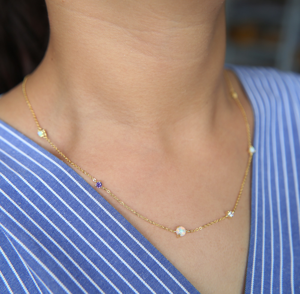 

factory fine 925 sterling silver cross thin silver chain cz station opal stone colorful women girl silver minimal necklace