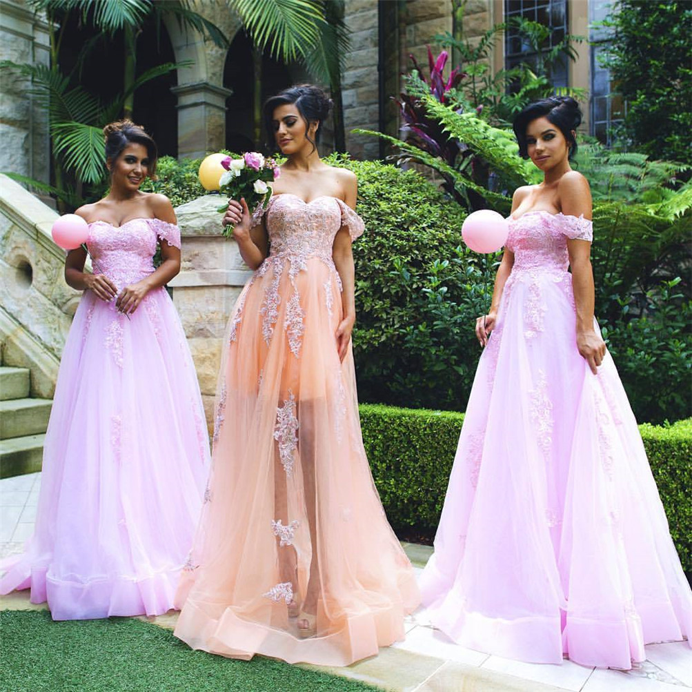

Lace Party Dress Off-the-shoulder Gorgeous Appliques Tulle Applique A-line Bridesmaid Dress vestido de festa longo para casamento