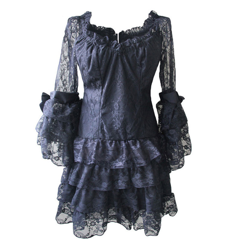 

Victorian Gothic Black Ruffle Lace Lolita Style Long End Corset Top Blouse Shirt / Mini Dress with Lace Bow Details Victorian Corset Dress