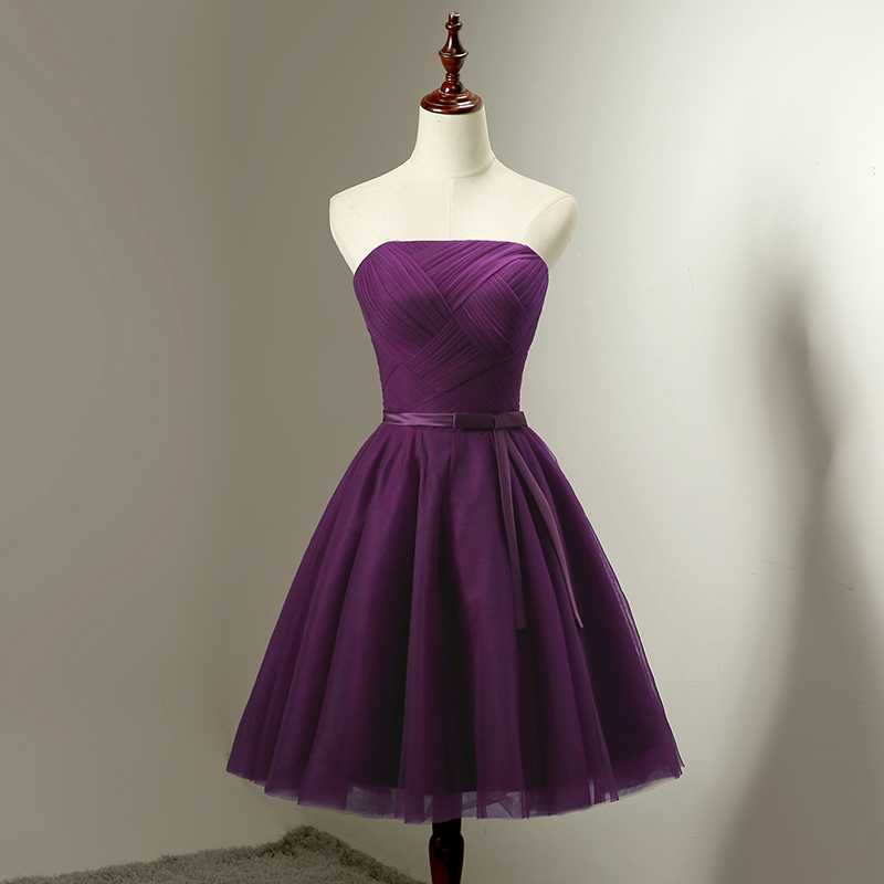 

Purple Bridesmaid Dresses Knee-Length Strapless Lace-up Back Light Gray Pleats Tulle Wedding Party Dress Cheap Summer Style