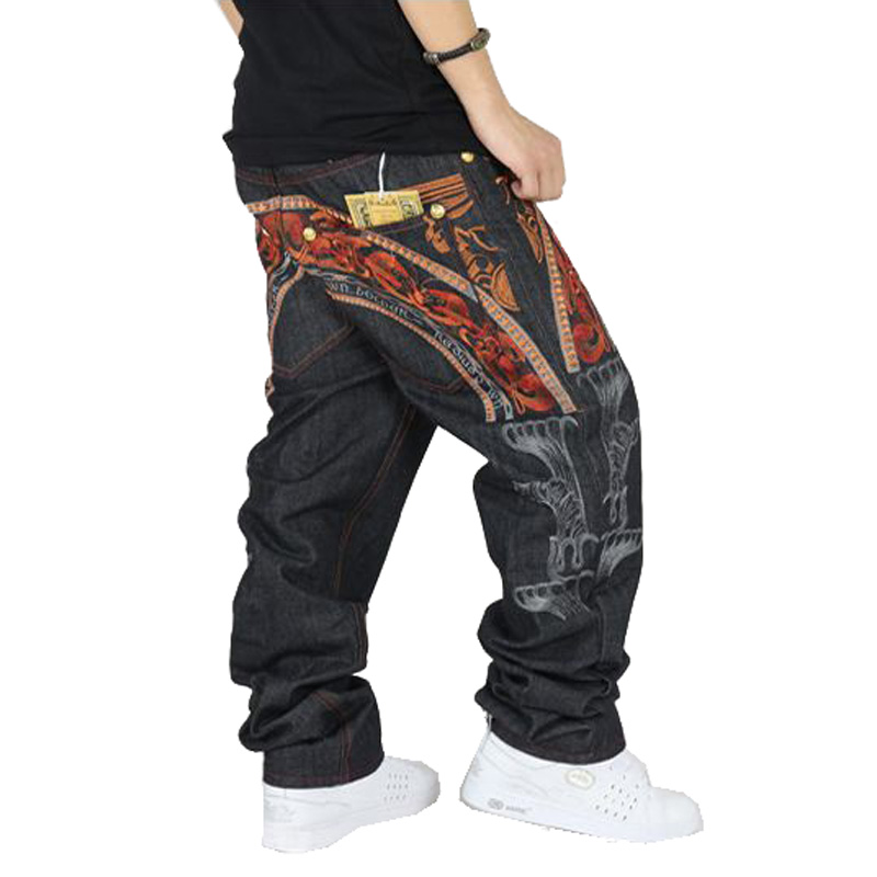 

Wholesale-Men's hiphop jeans cool men's personality embroidery loose pants denim long trousers male fashion hip hop jeans, Black