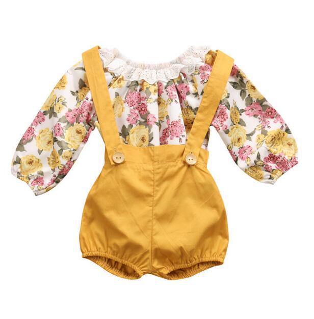 

New Arrival Spring Autumn Fashion Baby Girls Floral Printing Romper + Suspender Pants 2 pcs Sets Children Clothing, As photo