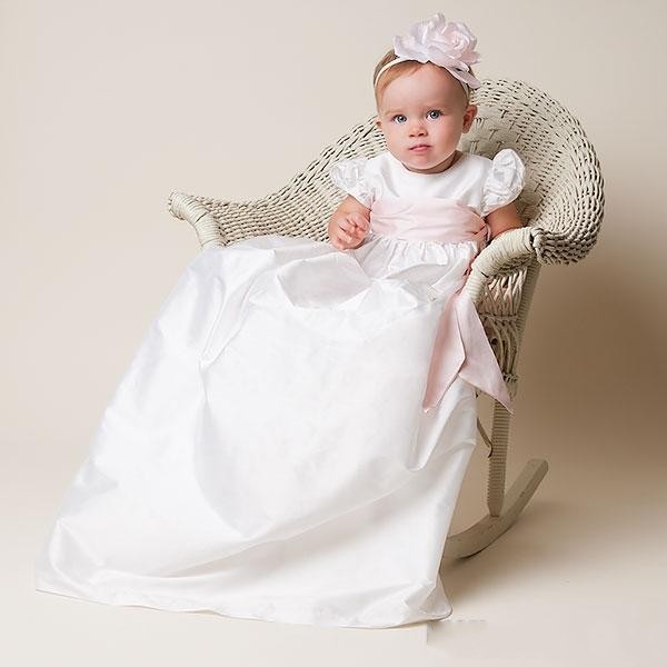 

New Cheap 2017 Christening Gowns For Baby Girls Baptism Gowns With Pink Sash Taffeta Princess First Communication Dresses, White