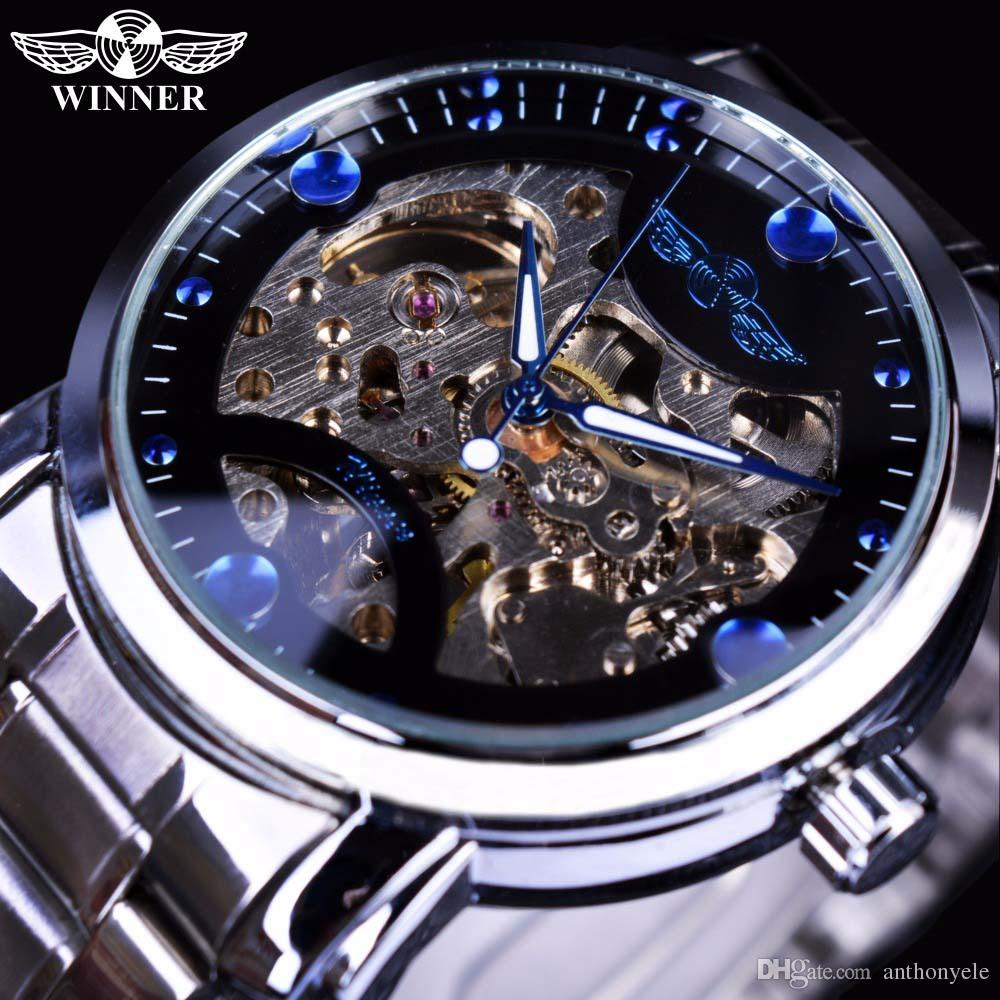 

Winner Skeleton mechanical Watch Mens Watches Blue Ocean Fashion Casual Designer Stainless Steel Men Top Brand Luxury Automatic Watch Clock, Gold