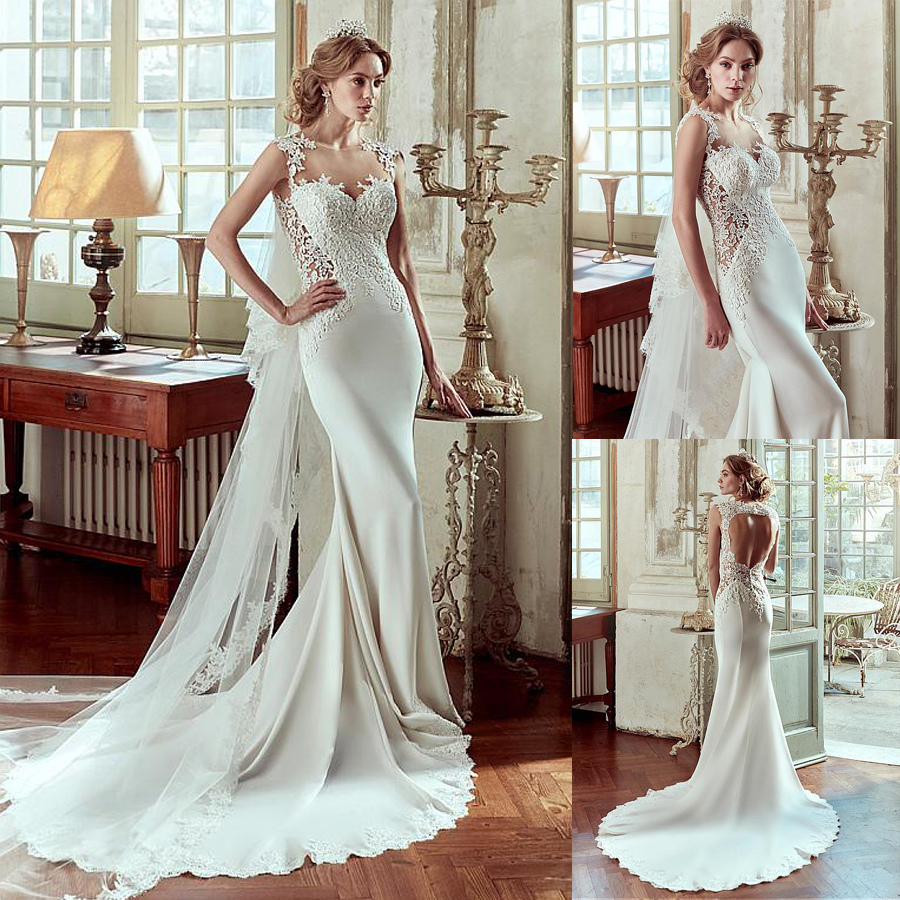 

Charming Tulle & Acetate Satin Jewel Neckline Mermaid Wedding Dresses With Beaded Lace Appliques Open Back Bridal Dresses, White