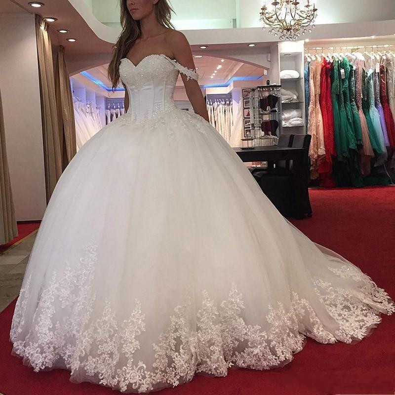 

New Arabic Lace Ball Gown Wedding Dresses Appliques Beaded Off Shoulder Puffy Vestidos De Noiva Plus Size Bridal Gowns, Champagne