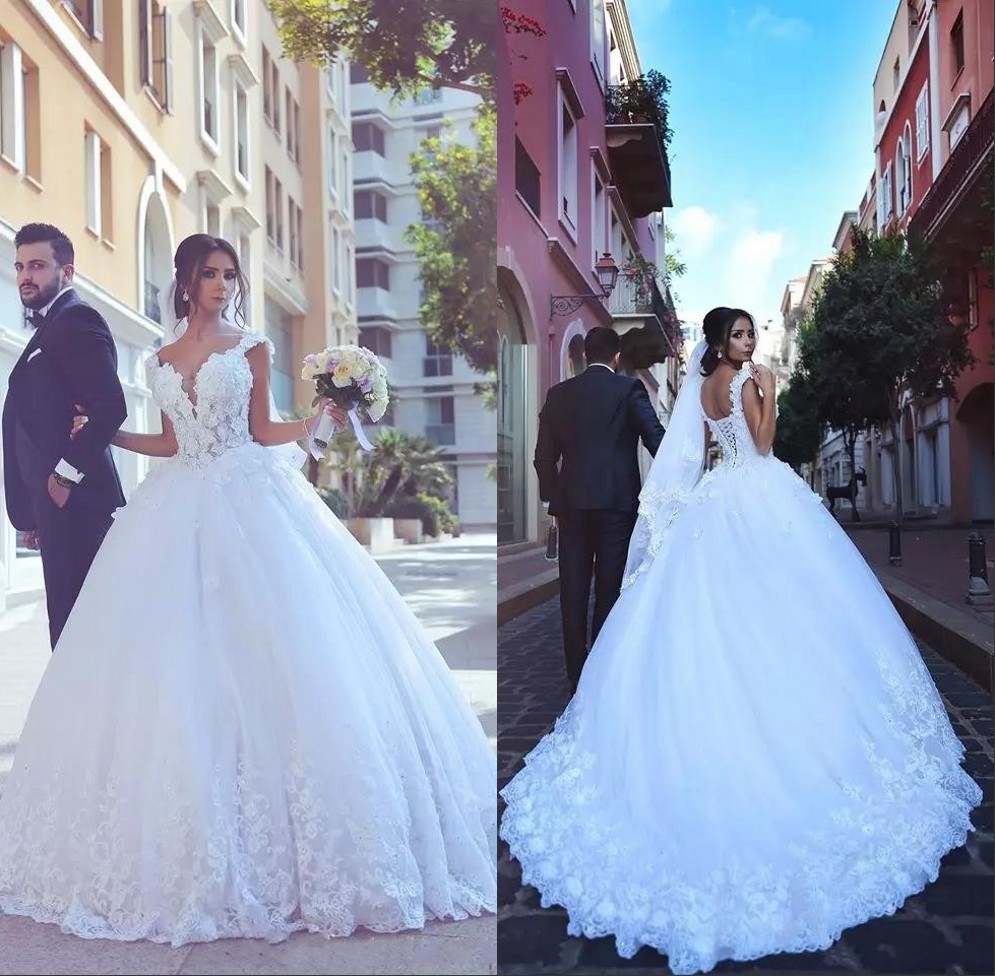 

Vestido de Noiva Arabic Ball Gown Wedding Dresses 2018 Vintage Lace Tulle 2017 Lace Up Back Applique Brides Gown Long Robe de Mariage, Silver