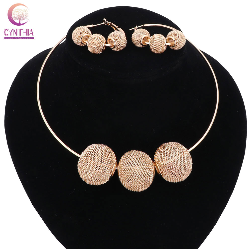 Women Gold Plated Spherical Hollow Boho Crystal Jewelry Sets With Earrings Statement Necklace For Party Wedding Trendy Necklace