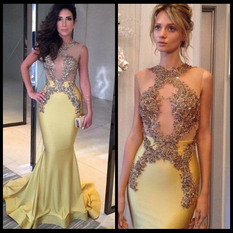 vestido longo Yellow Mermaid Evening Dresses Long O Neck Appliques Beads Sequins Prom Gown Ruffles Red Carpet Dresses