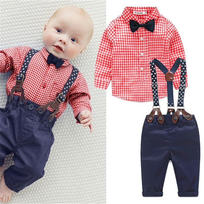 

Wholesale- 2017 New Baby Boy Spring Gentleman Plaid Clothing sets Suit Newborn Baby Bow Tie Shirt + Suspender Trousers formal party, Green