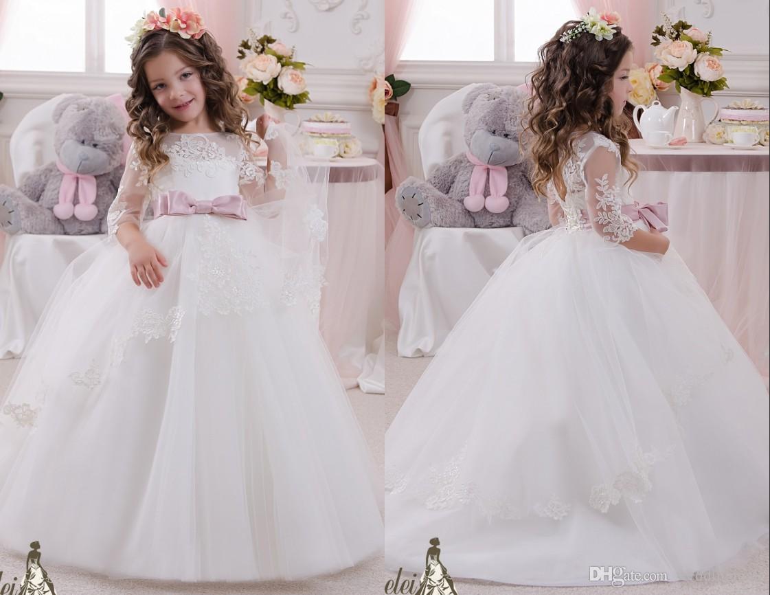 

Lace Floral Flower Girl Dresses Ball Gown Satin Child Dresses Beautiful Flower Girl Wedding Dresses, Pink