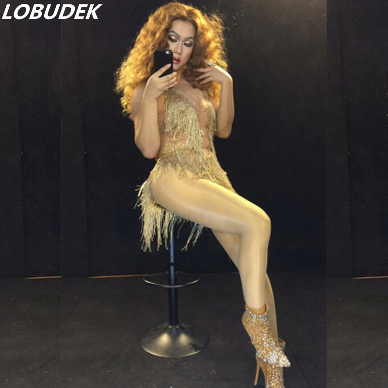 

Gold Tassel Rhinestones Bodysuit Sexy Stage Wear DJ Dancer Latin Pole Dance Fringe Crystal Leotard Costume Women Singer Nightclub Bar Show Performance Rave Tights