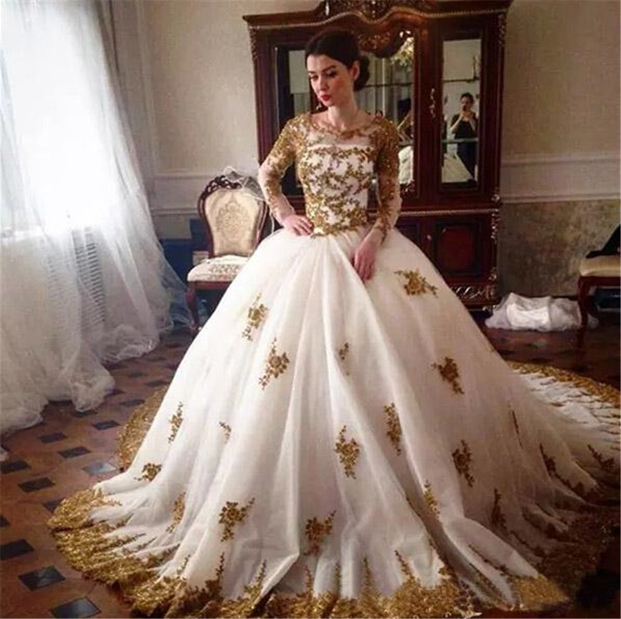 

Luxury Crew Illusion Long Sleeve Chapel Train Bridal Gowns Gold Lace Applique Ball Gown Wedding Dresses with Crystals, Custom made from color chart