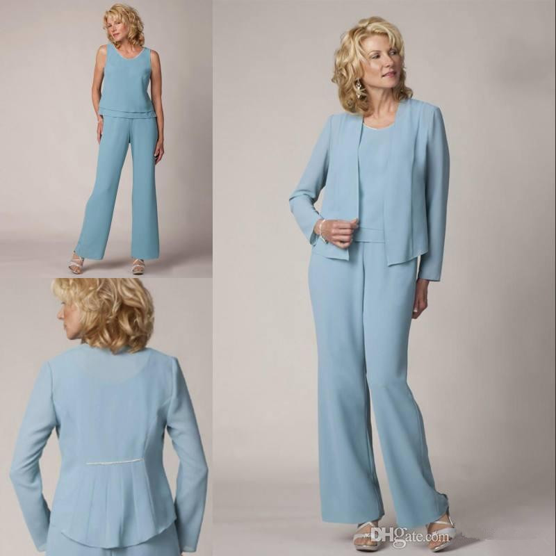 Nouvelle arrivée bleu clair mère de la mariée pantalon costumes 3 pièces en mousseline de soie avec perle mariage invité pantalon costume robes d