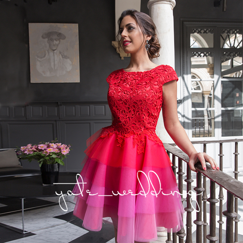 

Red Lace Homecoming Dresses Cap Sleeves Layered Tulle See Through Short Prom Dresses Colorful Puffy Cocktail Party Dresses, Same as picture