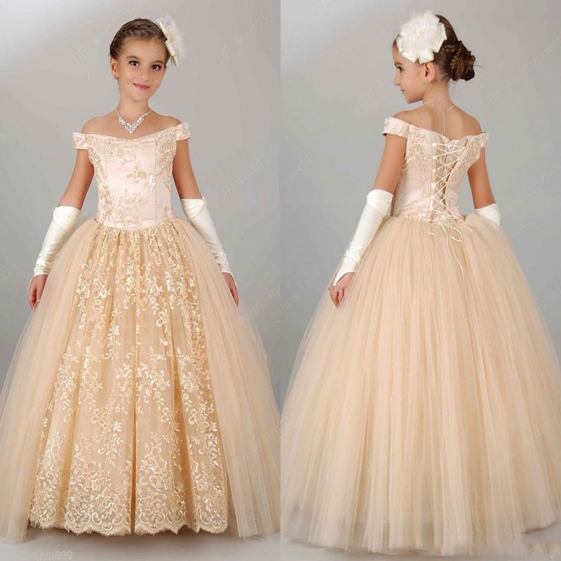 2021 Cute Flower Girl Dresses Off Shoulder A Line Champagne Appliques Lace Tulle Kids Gorgeous Girls Pageant Dresses For Wedding Custom Made-image-393779845