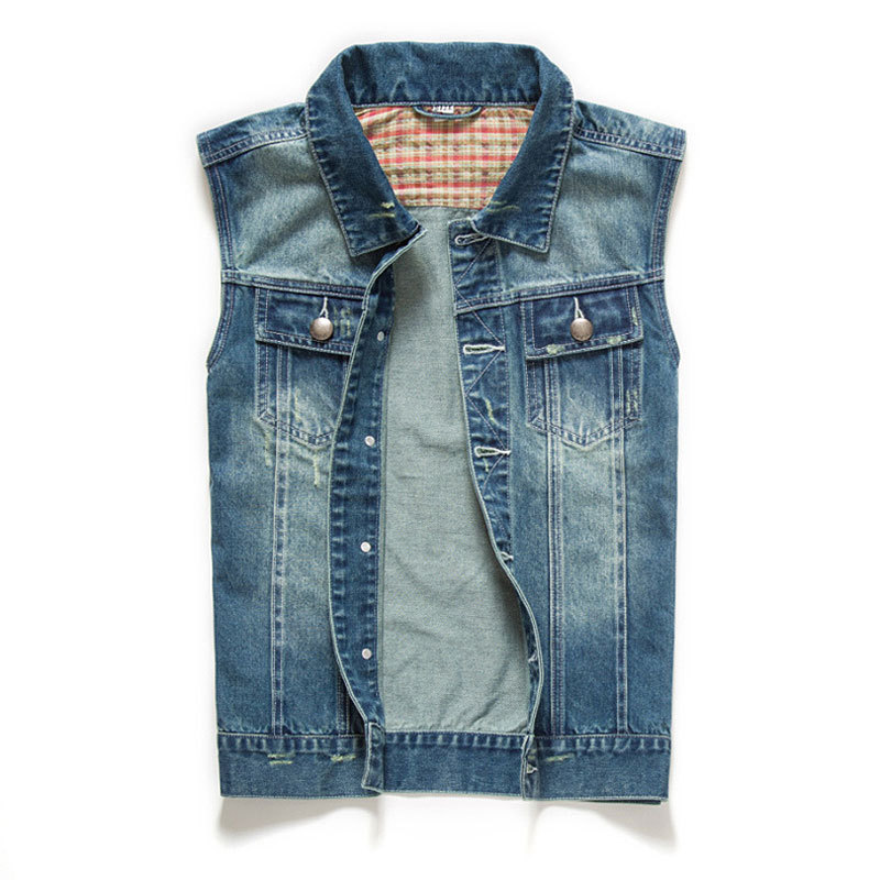 

Wholesale- Fashion Mens Motorcycle Jean Vest Black Ripped Destroyed Washed Slim Fit Sleeveless Denim Jacket For Men, Blue