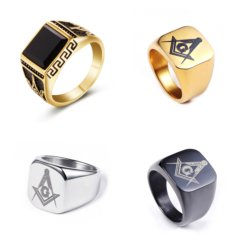 

Hip Hop Titanium Steel Masonic mens Rings Carved Geometric Hipsters Onyx Black Stones gold&silver Rings For male Fashion Jewelry