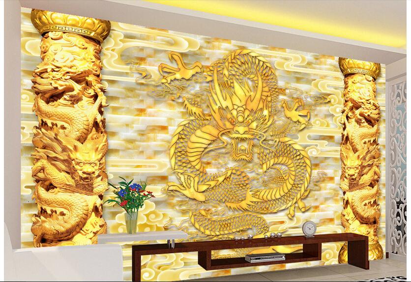 

3d wallpaper custom photo Non-woven mural Golden China Dragon Relief column decor painting picture 3d wall muals wall paper for walls 3 d, Pictures show