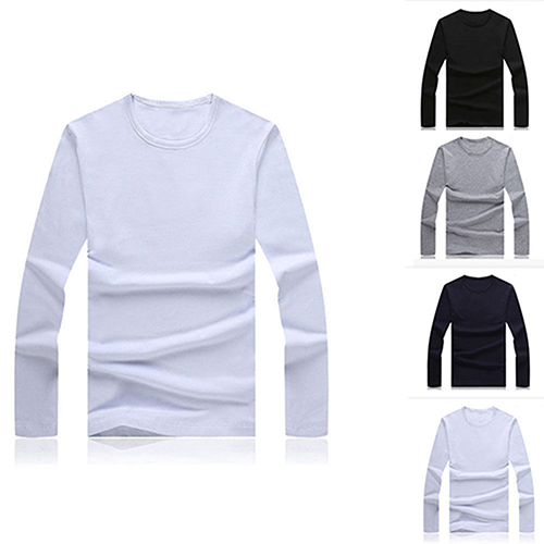

Wholesale- Men Slim Fit Long Sleeve Shirt Solid T-shirt Tee Shirt Casual Round Neck Top, White