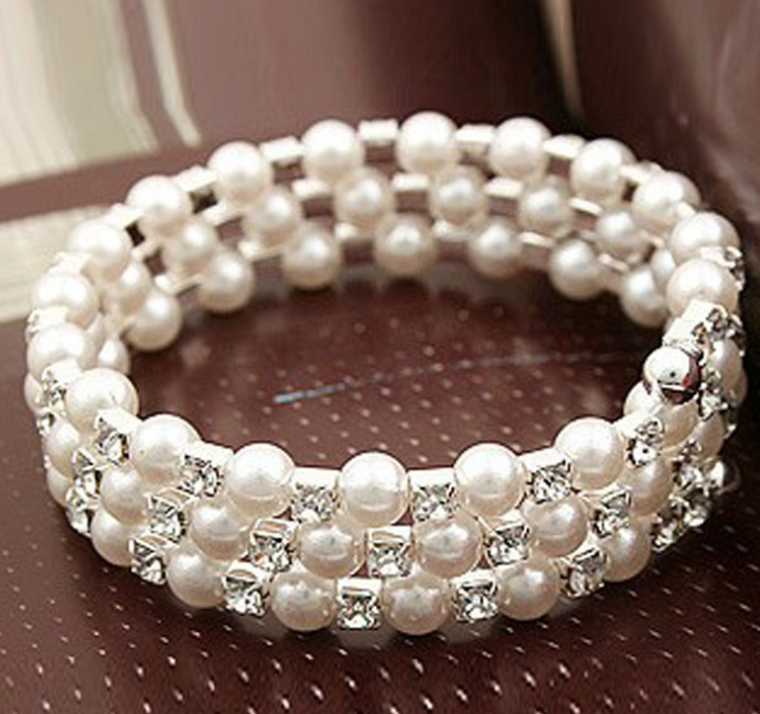 

Three Rows Faux Pearls Crystal Bracelets Bridal Accessories Rhinestone Prom Party Dresses Wedding Jewelry Supplies Event Attractive Bracelet, White