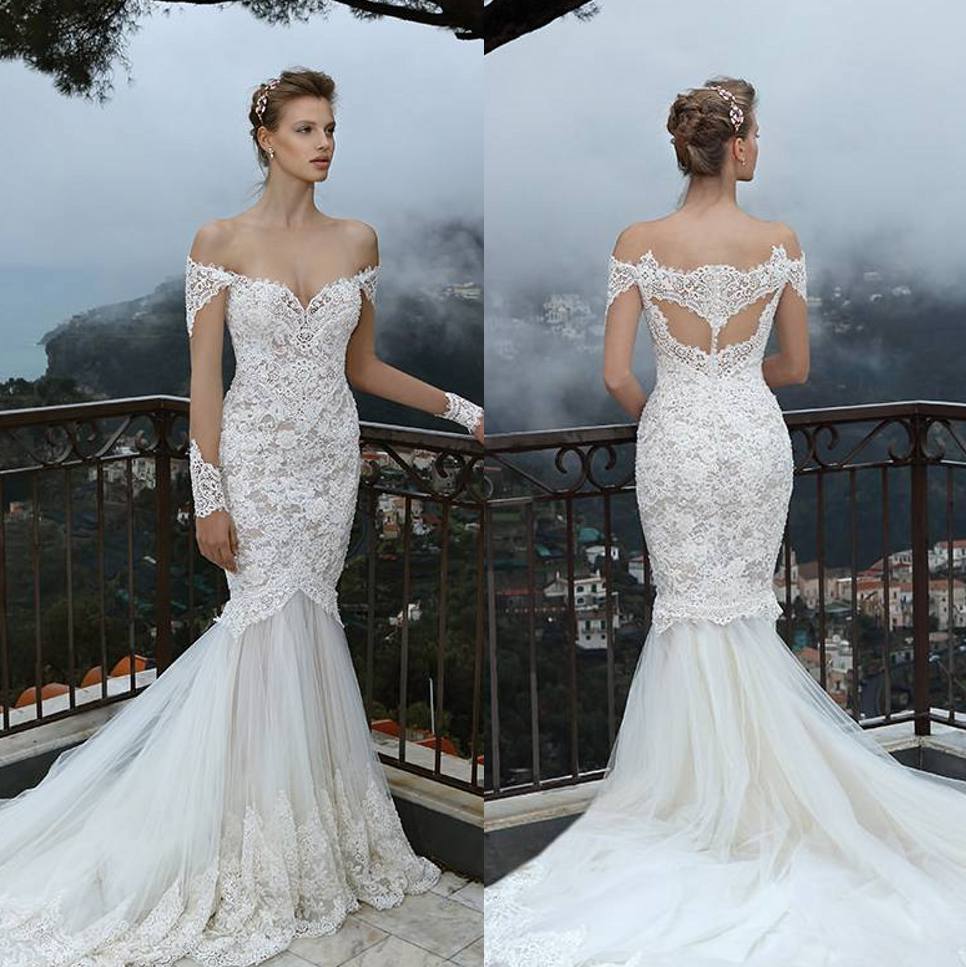 

Elegant Lace Mermaid Wedding Dresses With Sheer Long Sleeves Off The Shoulder Bridal Gowns Sweep Train Tulle Trumpet Bohemia Wedding Dress, Gold