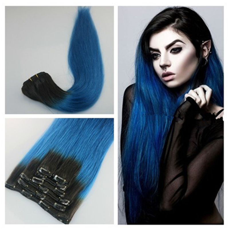 

1b blue Ombre Clip in Human Hair Extensions 7Pcs Human Hair Clip in Extensions Straight Hair Clip ins