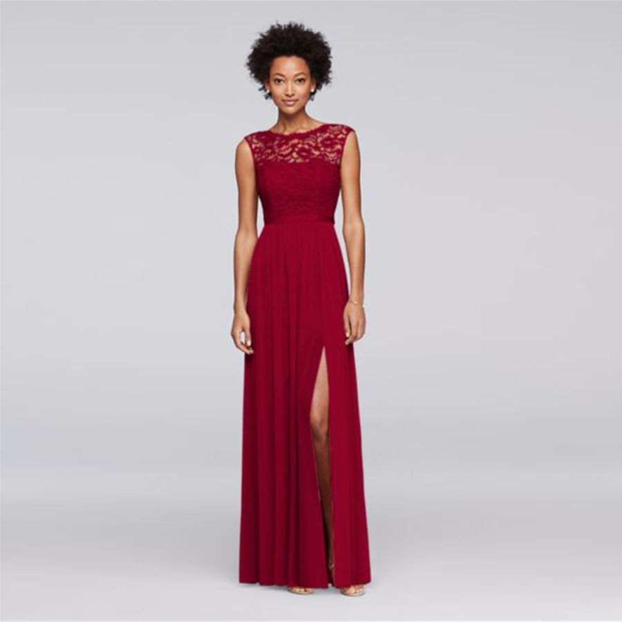 Longue robe de demoiselle d'honneur avec corsage en dentelle F19328 fente avant sans manches robe de soirée de mariage bourguignonne robes formel