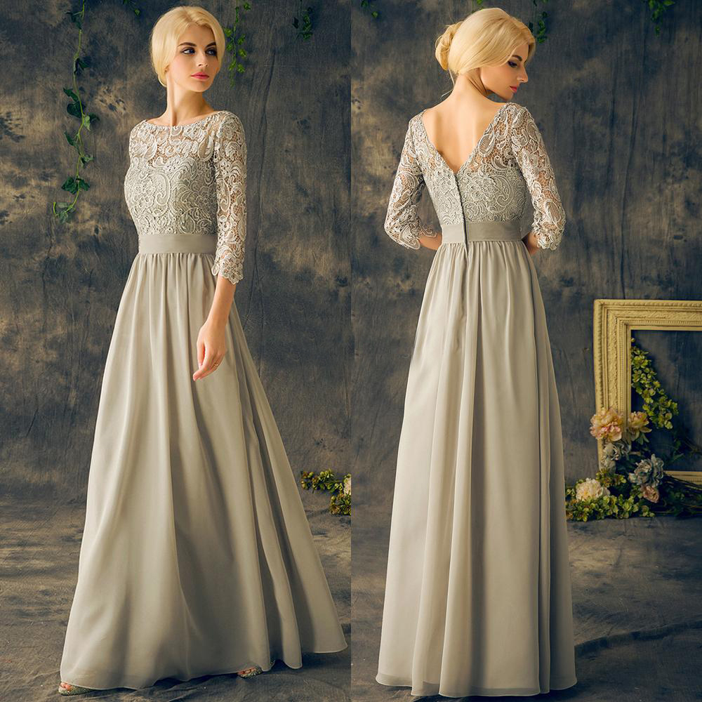 

Long Mother Of The Bride Dresses Plus Size Sleeves Chiffon Lace Applique A Line Floor Length Bateau Formal Gowns Vintage