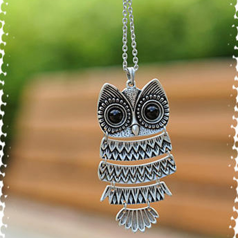 Élégant Vintage hibou pendentif collier longue chaîne de pull femmes bijoux Bronze argent prix usine cadeaux de noël 36 pcs/lot