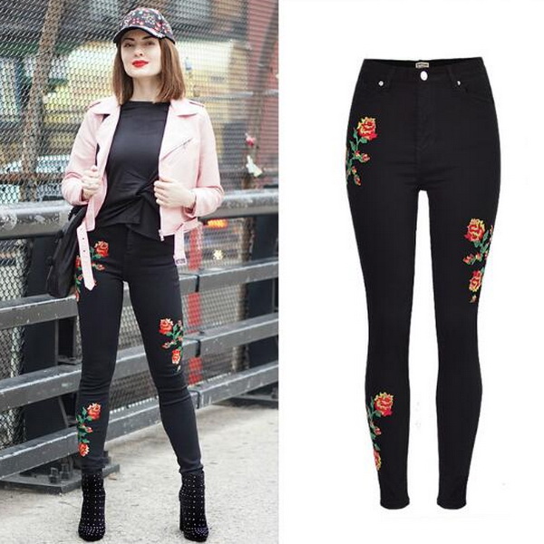 

Black High Waist Cropped Jeans Women Embroidery Rose Floral Stretch Denim Jeans Ladies Skinny Fit Style 2017 Hot Sale