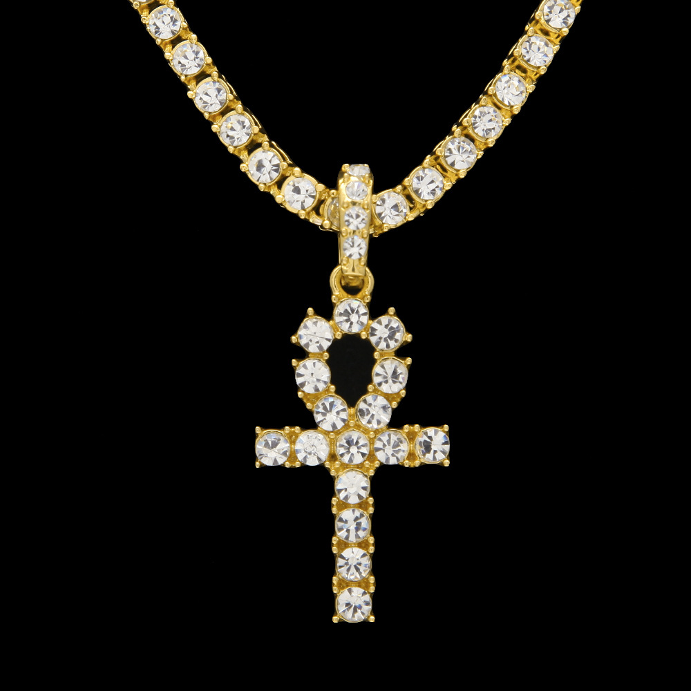 

Egyptian Ankh Key of Life Necklaces Mens Iced out Bling crystal Cross Pendant Gold Silver Tennis chain For women Rapper Hip Hop Jewelry Gift