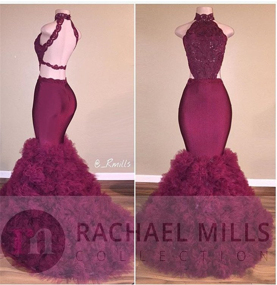 2020 New Burgundy African Evening Dresses Mermaid Style Halter Neck Lace Appliques Sequined Backless Formal Prom Gowns Party Dress Plus Size