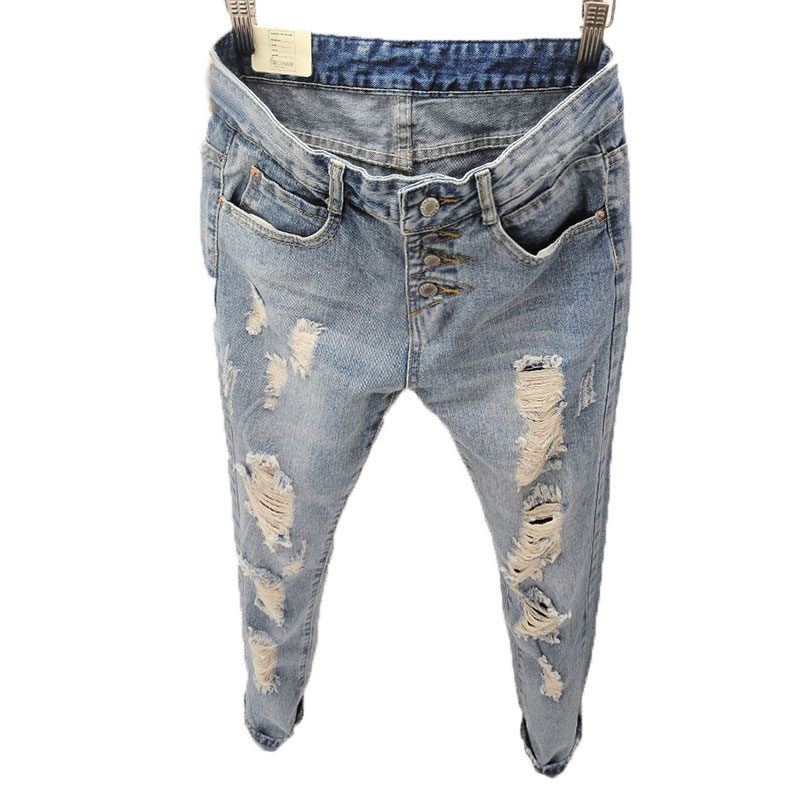 

Wholesale- 2016 Summer Style Women Jeans ripped Holes Harem Pants Jeans Slim vintage boyfriend jeans for women High Waist Long Pencil Pants, Blue