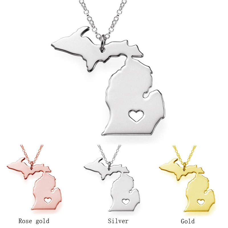 

Michigan Map Stainless Steel Pendant Necklace with Love Heart USA State MI Geography Map Necklaces Jewelry for Women and Men