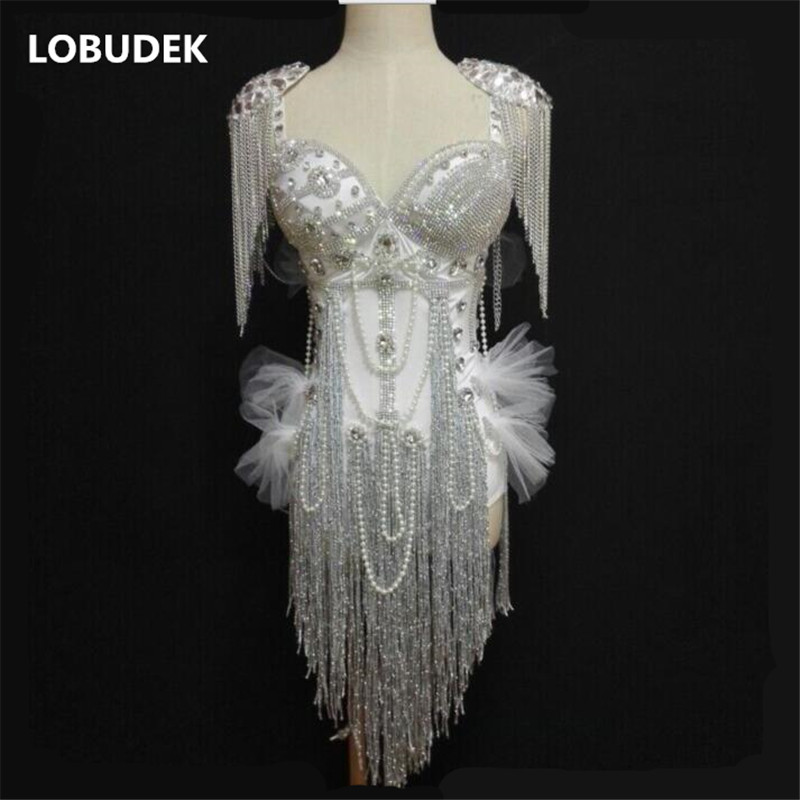 

High-end female sexy costume white slim bodysuit tassels bead jumpsuit with diamond singer stage wear nightclub bar DS show performance wear