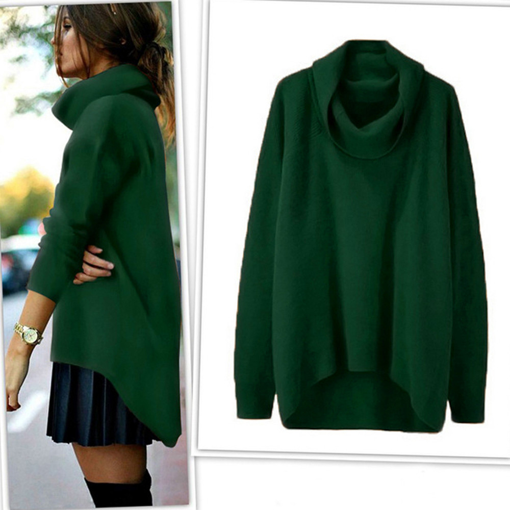 Wholesale- Women's Autumn winter Turtleneck Sweater Pullovers Fashion Irregular solid color Loose Long knitwear Bottoming Dress Plus Size