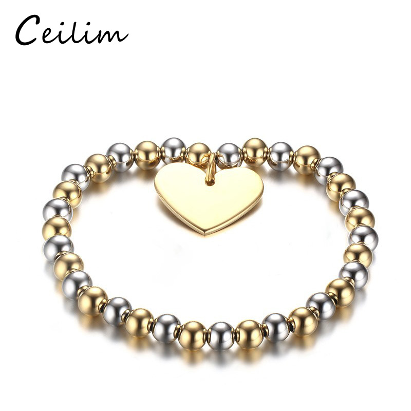

fashion gold silver 6mm bead bracelet For Women with heart shape charm pendant barcelet stainless steel jewelry gift wholesaler