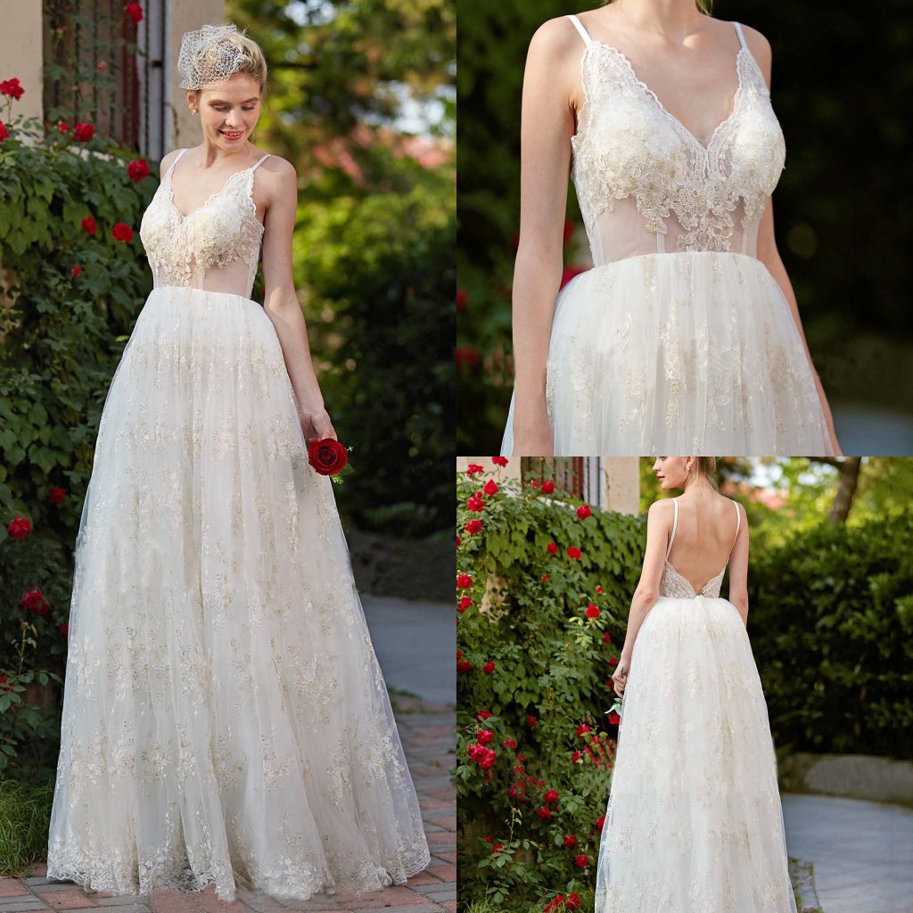

Beach Golden Lace Applique Wedding Dresses Sexy Illusion Wedding Gowns Backless Plus Size Long Bridal Dress, Gold