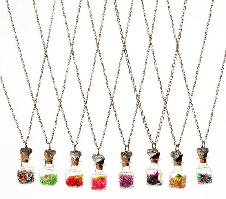 

Good A++ DIY dry flower drift bottle necklace square glass bottle crystal pendant ornaments WFN287 (with chain) mix order 20 pieces a lot