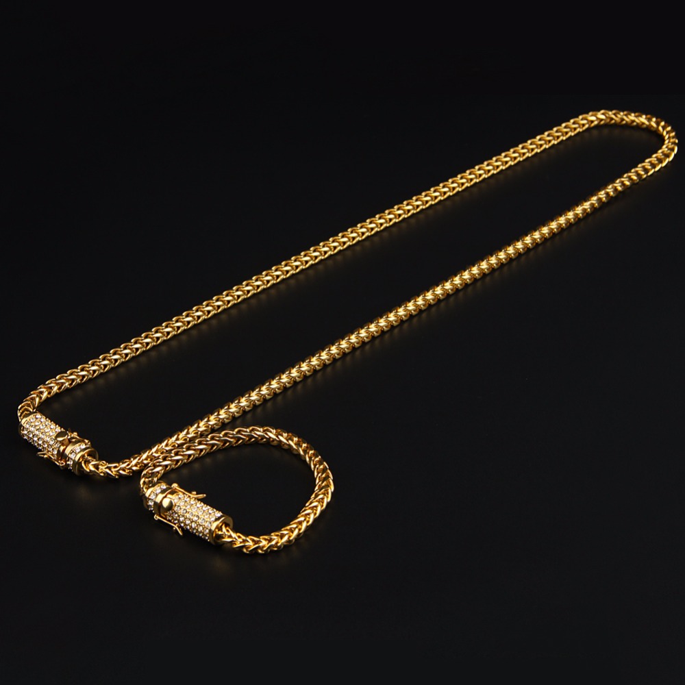 

Mens Stainless Steel Franco Cuban Box Chain Necklace Bracelet Set Iced out Rhinestone Mens Hip Hop Necklace Jewelry Set, White